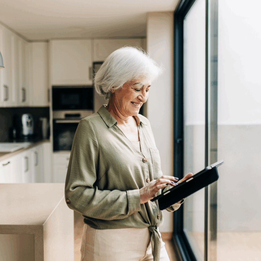 Older woman smiling using a tablet